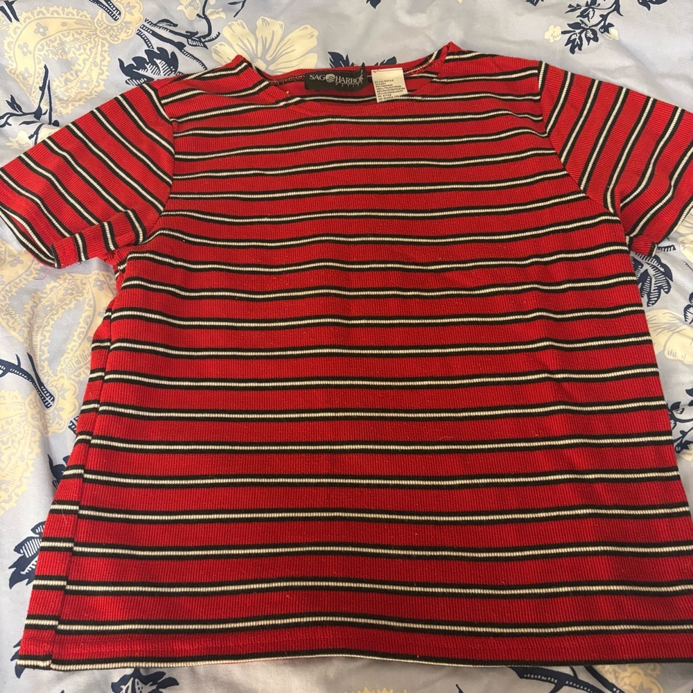 Red, Black and White Striped Tee